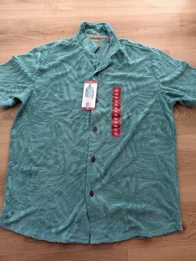 Casual Teal Short-Sleeve Textured Button-Down Shirt - XL